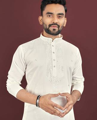 Beige embroidered silk blend straight kurta 4