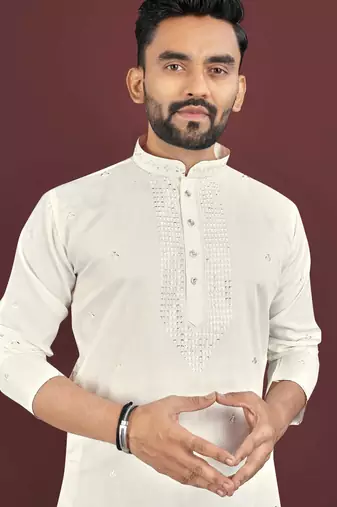 Beige embroidered silk straight kurta
