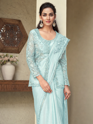 Light Sky Blue embroiderd art silk saree with jacket 4