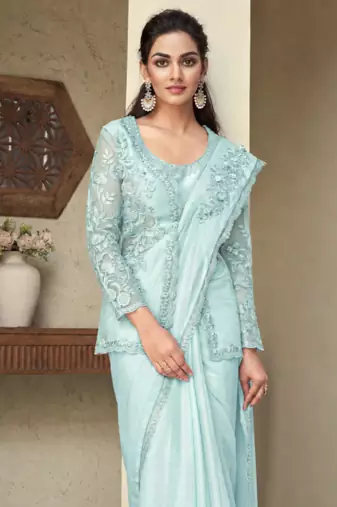 Light Sky Blue embroiderd art silk saree with jacket
