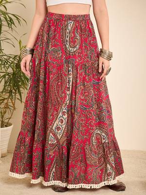 Pink cotton paisley printed lace long-line skirt 1