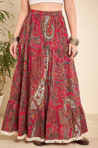 Pink cotton paisley printed lace long-line skirt