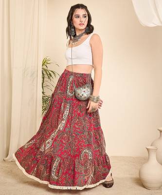 Pink cotton paisley printed lace long-line skirt 2