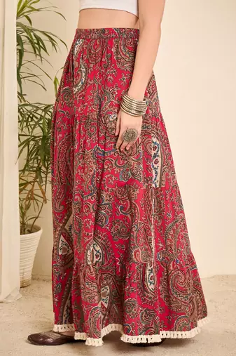 Pink cotton paisley printed lace long-line skirt