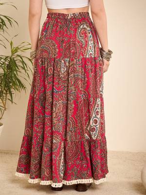Pink cotton paisley printed lace long-line skirt 4