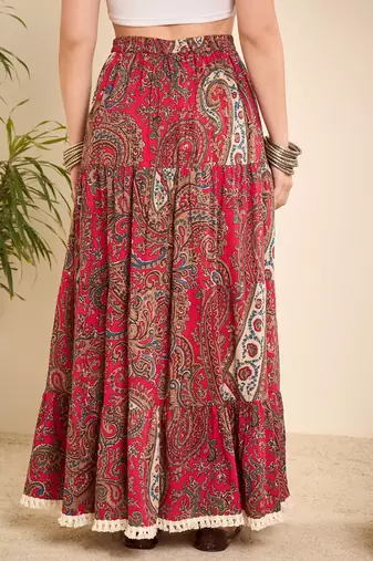 Pink cotton paisley printed lace long-line skirt