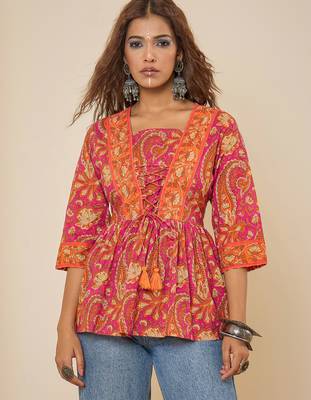 pink cotton  printed bodered peplum top 1