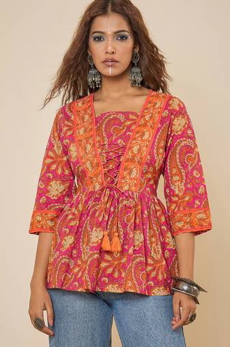 pink cotton  printed bodered peplum top