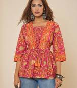 pink cotton  printed bodered peplum top