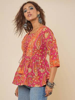 pink cotton  printed bodered peplum top 3