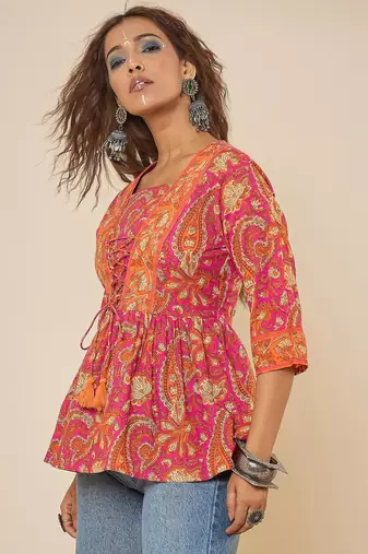 pink cotton  printed bodered peplum top