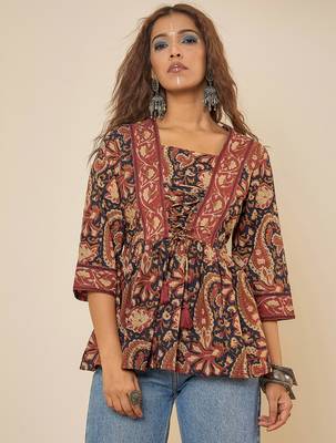 navy blue cotton  printed bodered peplum top 1