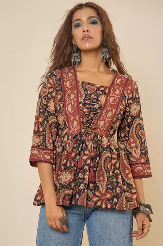 navy blue cotton  printed bodered peplum top