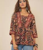 navy blue cotton  printed bodered peplum top