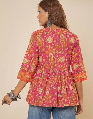 pink cotton  printed bodered peplum top 4