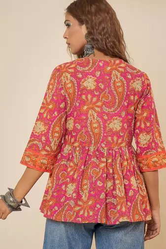 pink cotton  printed bodered peplum top