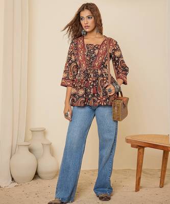 navy blue cotton  printed bodered peplum top 2