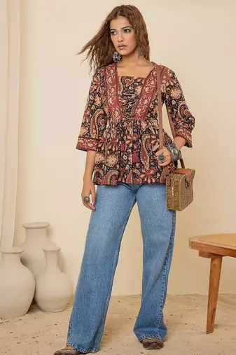 navy blue cotton  printed bodered peplum top