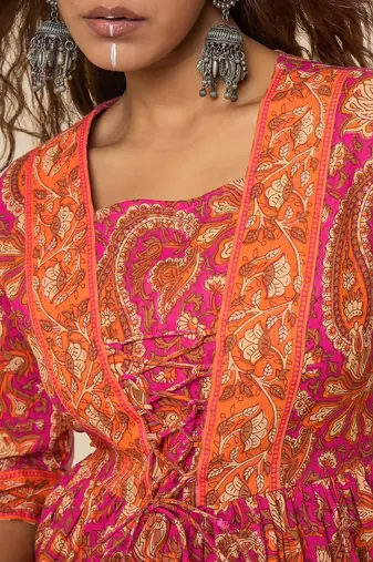 pink cotton  printed bodered peplum top