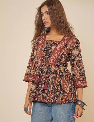 navy blue cotton  printed bodered peplum top 3