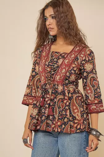 navy blue cotton  printed bodered peplum top