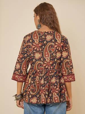 navy blue cotton  printed bodered peplum top 4