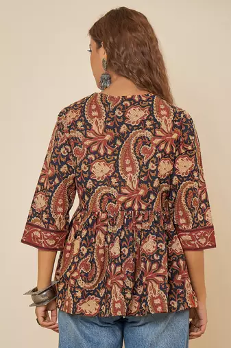 navy blue cotton  printed bodered peplum top