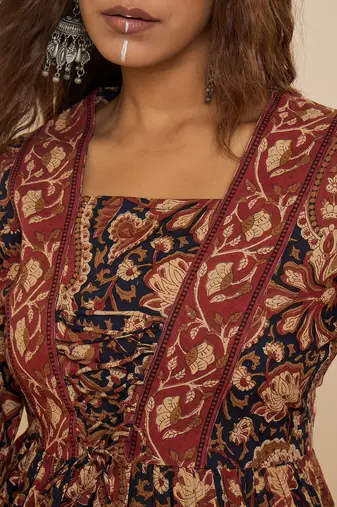 navy blue cotton  printed bodered peplum top