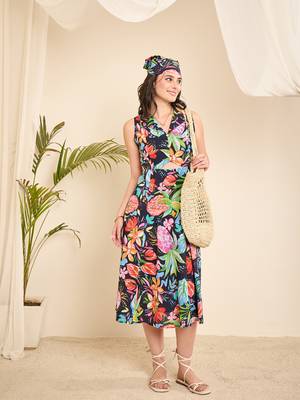Navy blue cotton printed front triangle cut -out a-line dress 1
