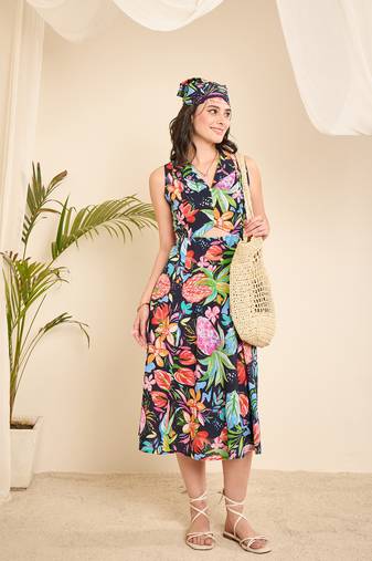 Navy blue cotton printed front triangle cut -out a-line dress