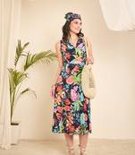 Navy blue cotton printed front triangle cut -out a-line dress