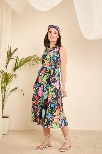 Navy blue cotton printed front triangle cut -out a-line dress