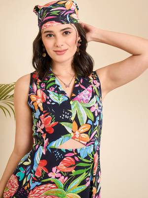 Navy blue cotton printed front triangle cut -out a-line dress 3