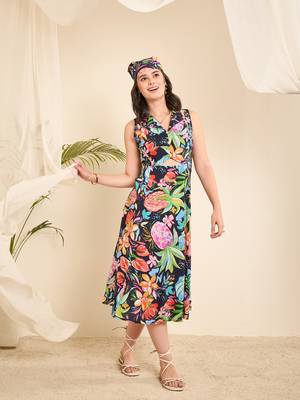 Navy blue cotton printed front triangle cut -out a-line dress 4