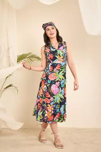 Navy blue cotton printed front triangle cut -out a-line dress