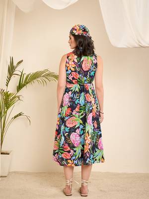 Navy blue cotton printed front triangle cut -out a-line dress 5