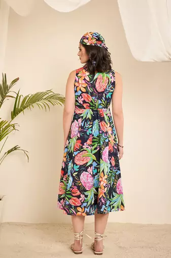 Navy blue cotton printed front triangle cut -out a-line dress