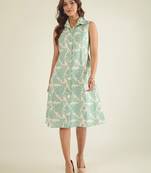 Off-white & green cotton floral  print shirt dress