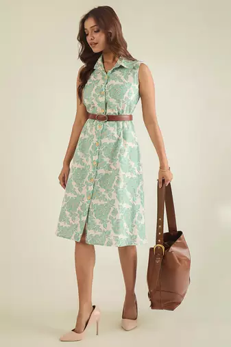 Off-white & green cotton floral  print shirt dress