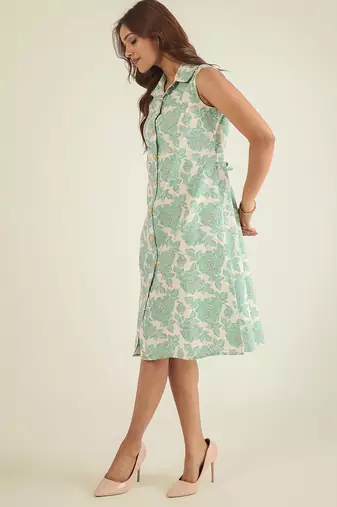 Off-white & green cotton floral  print shirt dress