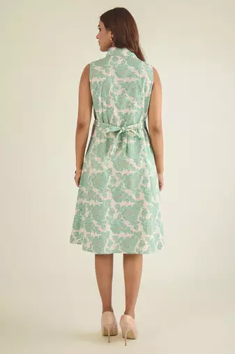 Off-white & green cotton floral  print shirt dress