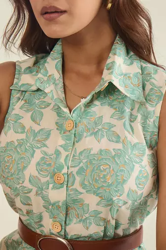 Off-white & green cotton floral  print shirt dress