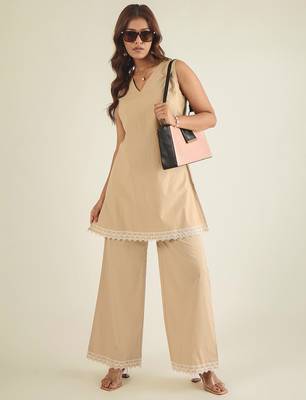 Beige cotton poplin lace detailed tunic with pant co-ord set 1