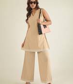 Beige cotton poplin lace detailed tunic with pant co-ord set