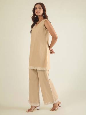 Beige cotton poplin lace detailed tunic with pant co-ord set 2