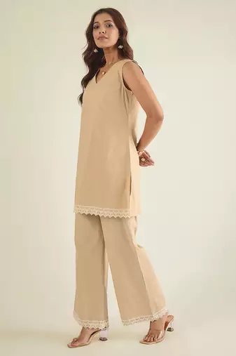 Beige cotton poplin lace detailed tunic with pant co-ord set