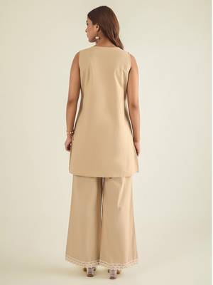 Beige cotton poplin lace detailed tunic with pant co-ord set 3