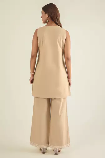Beige cotton poplin lace detailed tunic with pant co-ord set