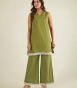 Women green cotton poplin lace detailed tunic with pant co-ord set