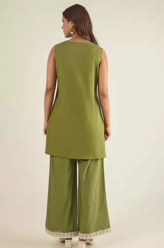Women green cotton poplin lace detailed tunic with pant co-ord set